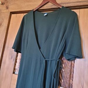 Old Navy Formal Emerald Dark Green Midi Tie Back Wrap Dress Short Sleeve Crepe M